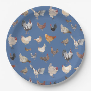 Chicken Happy pattern on Denim Blue Paper Plate