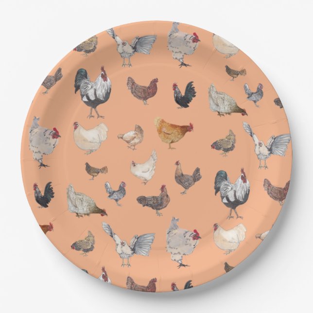 Chicken Happy pattern on Peach Paper Plate (Front)
