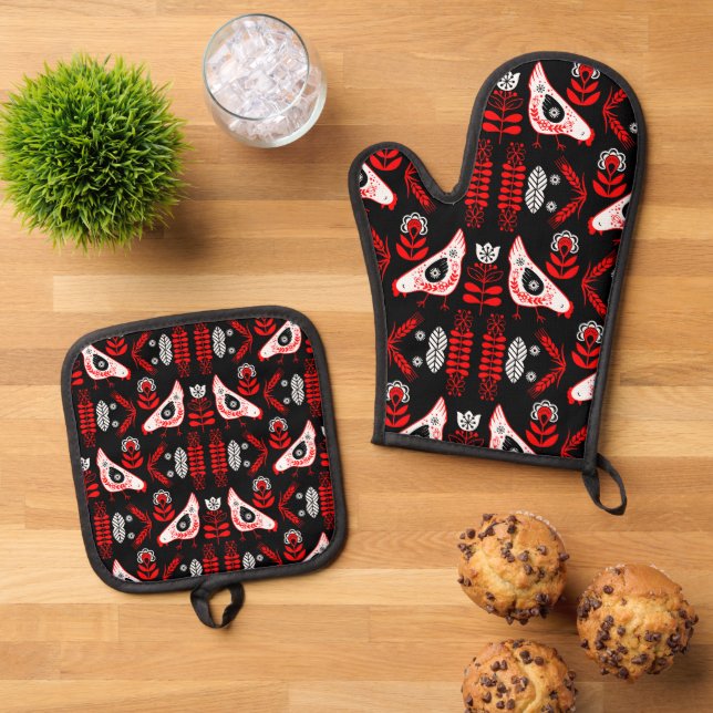 Chicken Hen Folk Art Oven Mitt & Pot Holder Set (Top Down)