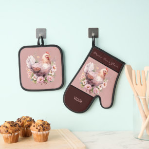 Chicken Hen In Flowers Burgundy Pink Oven Mitt & Pot Holder Set