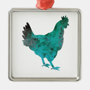 Chicken Hen Teal Blue on White Background Metal Ornament