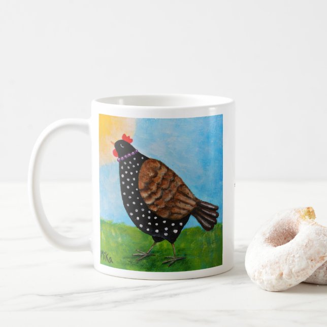 Chicken Hen with Necklace Sunbathing Personalized  Coffee Mug (With Donut)