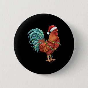 Chicken, Holiday Rooster In Santa Hat And Lights 6 Cm Round Badge