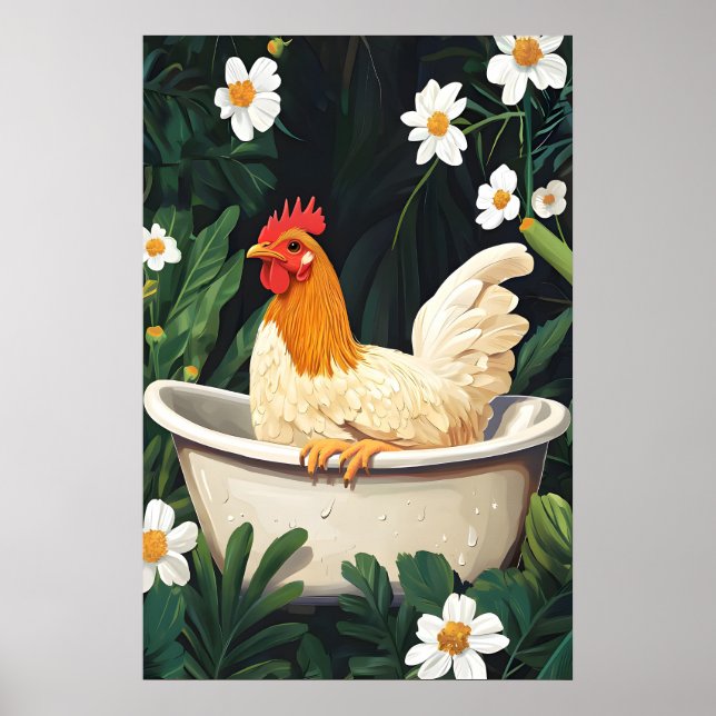 Chicken In Bathtub Poster, Funny Animal Poster (Front)
