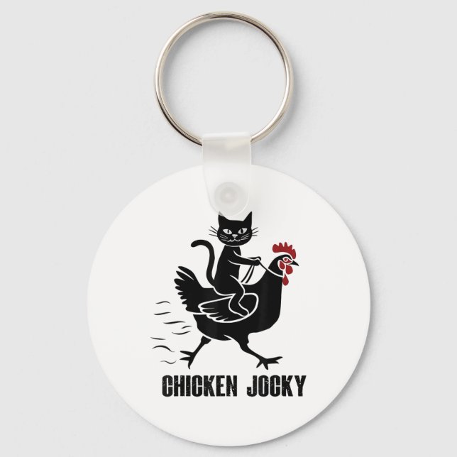 Chicken Jockey Funny Black Cat  Key Ring (Front)