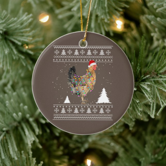 Chicken Lights with Santa Hat Christmas Pyjamas Ceramic Ornament (Tree)