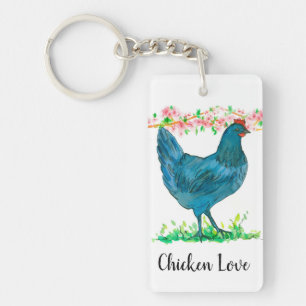 Chicken Love Peach Blossom Watercolor Key Ring
