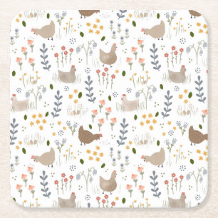 Chicken Lovers Farmyard Animal Pretty Floral Square Paper Coaster