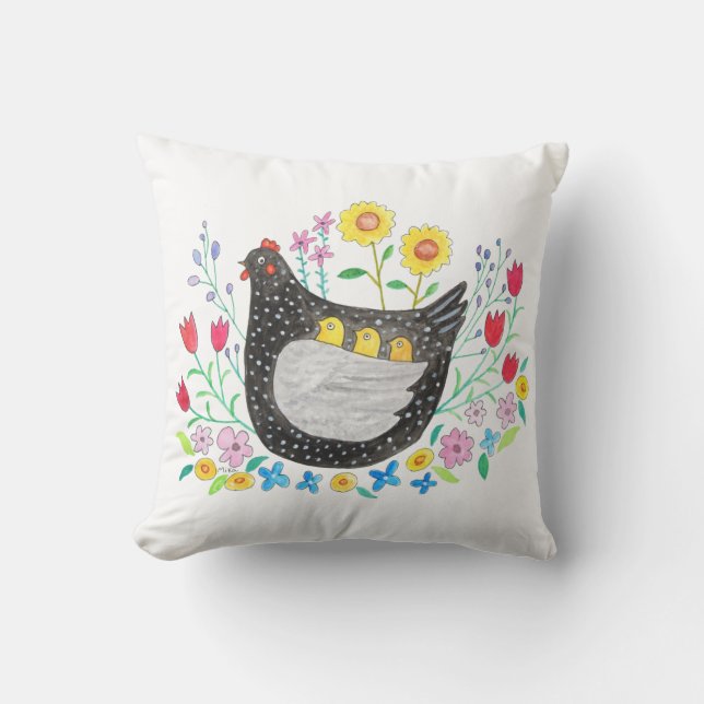 Chicken mama hen with three baby Chicks Farm House Cushion (Front)