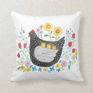 Chicken mama hen with three baby Chicks Farm House Cushion