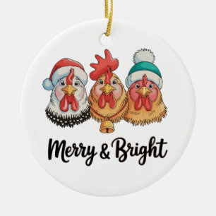 Chicken Merry And Bright Christmas Farm Holiday Ceramic Ornament