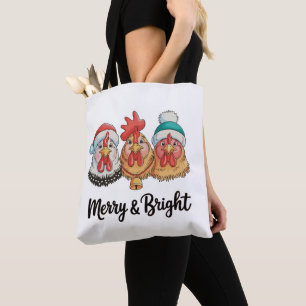 Chicken Merry And Bright Christmas Farm Holiday Tote Bag