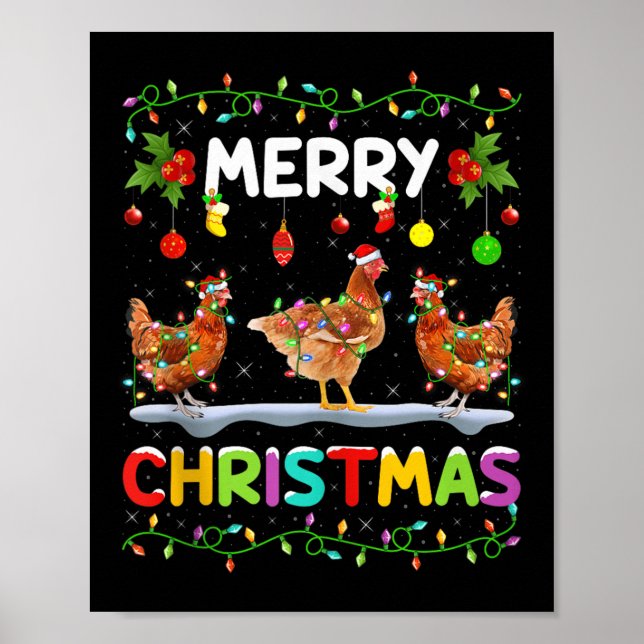 Chicken Merry Christmas Lights Santa Hat Funny Chi Poster (Front)
