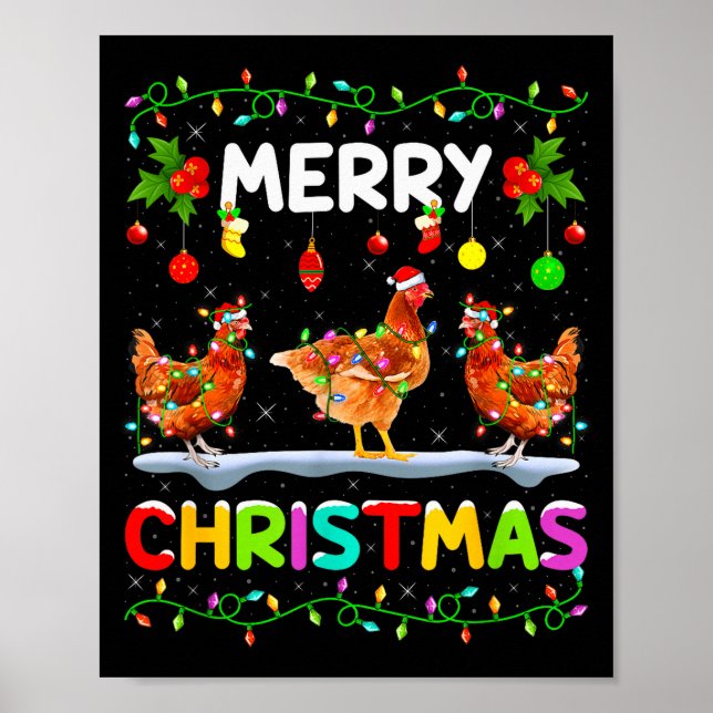 Chicken Merry Christmas Lights Santa Hat Funny Chi Poster (Front)