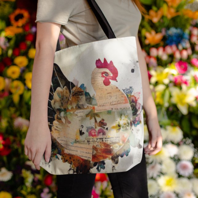 Chicken Mixed Media Art Collage Tote Bag (Scrapbook collage style chicken on one side...)