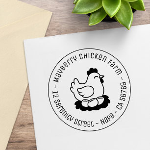 Chicken on Nest with Eggs Round Address Rubber Stamp