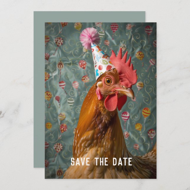 Chicken Party Hat Save The Date (Front/Back)