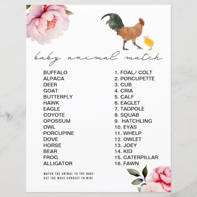 Chicken Pink Floral Baby Shower Animal Match Game (Front)