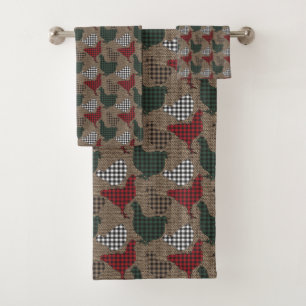 Chicken Plaid Burlap Rustic Farmhouse Bath Towel Set
