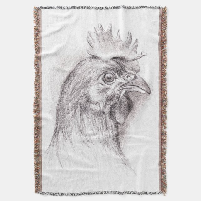 Chicken Portrait in Charcoal Throw Blanket (Front Vertical)