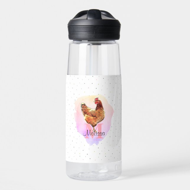 Chicken Pretty Farm Animal Monogram Pattern  Water Bottle (Front)