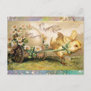 CHICKEN PULLING EASTER EGG  WITH HAND CART HOLIDAY POSTCARD