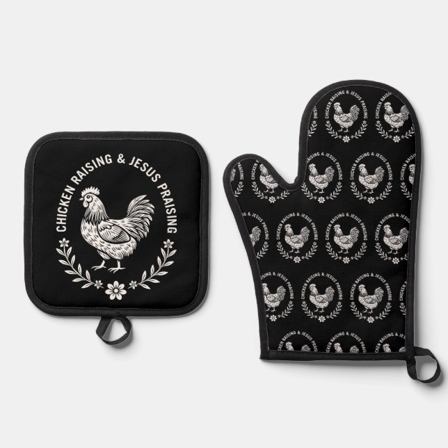 Chicken Raising & Jesus Praising Oven Mitt & Pot Holder Set (Front)