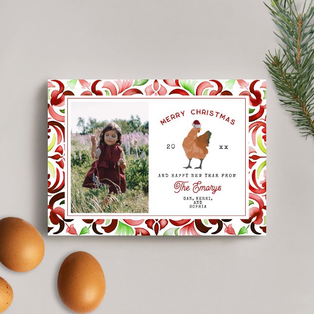 Chicken Red & Green Watercolor Christmas Photo Holiday Card (Creator Uploaded)