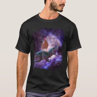 Chicken Riding Dinosaur In Space Rainbow T Shirt