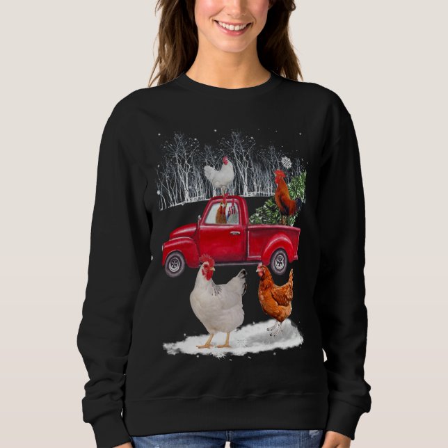 Chicken Riding Red Truck Merry Christmas Chicken L Sweatshirt (Front)
