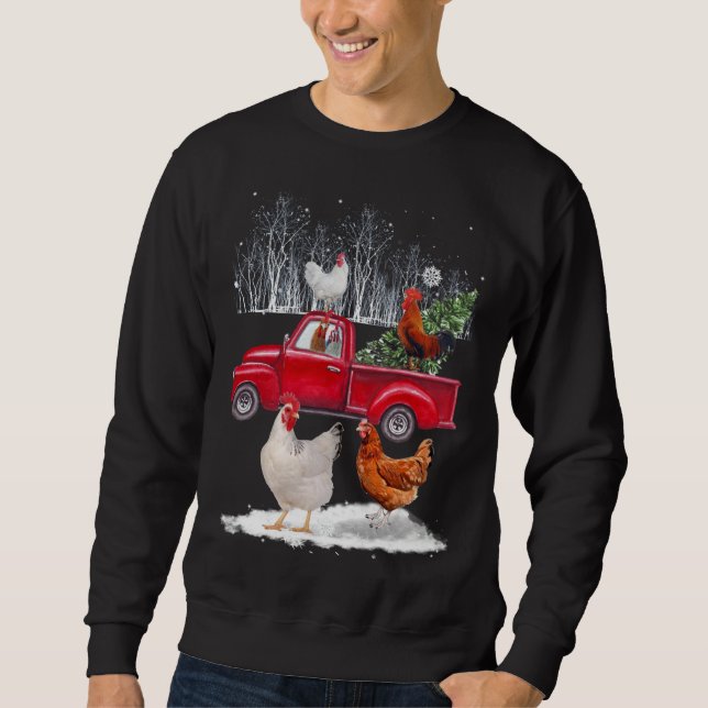Chicken Riding Red Truck Merry Christmas Chicken L Sweatshirt (Front)