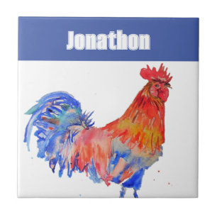 Chicken Rooster Bird Kids Boys Name Blue Red Ceramic Tile