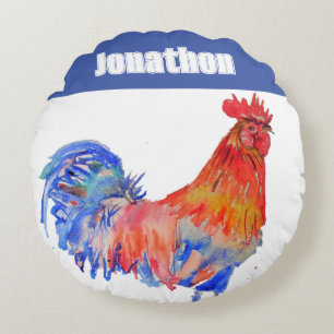Chicken Rooster Bird Kids Boys Name Blue Red Round Cushion