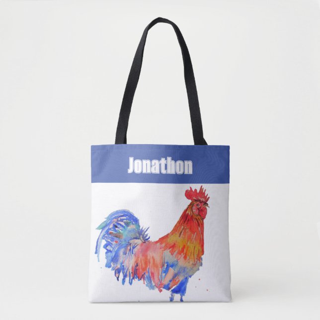 Chicken Rooster Bird Kids Boys Name Blue Red Tote Bag (Front)