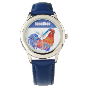 Chicken Rooster Bird Kids Boys Name Blue Red Watch