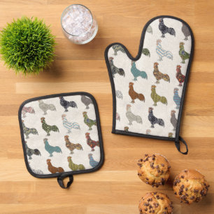 Chicken Rooster Colourful Pattern Farm Oven Mitt & Pot Holder Set