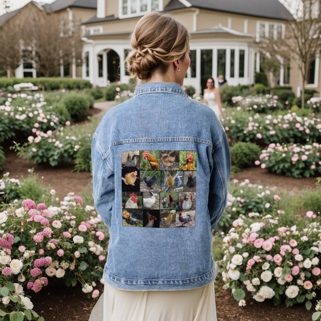 Chicken Rooster Photo Collage,  Denim Jacket (Wedding Back)