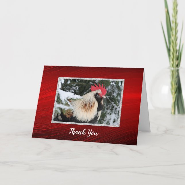 Chicken Rooster Pine Snow Photo Thank You Card (Front)