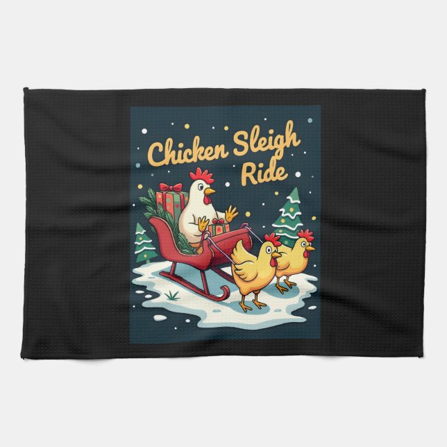 Chicken Sleigh Ride Tea Towel (Horizontal)
