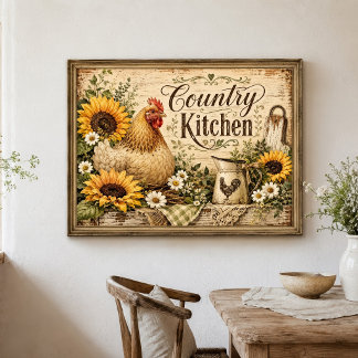 Chicken Sunflowers Country Farmhouse Kitchen Poster