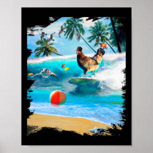 Chicken Surfing Surf In Ocean Beach Chickens Funny Poster