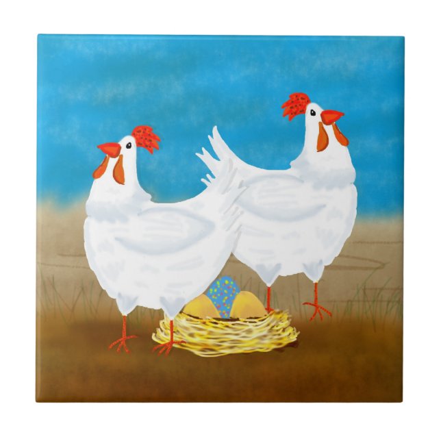 chicken tile, two hens and nest of eggs ceramic tile (Front)