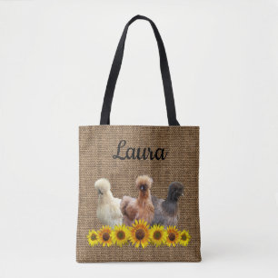Chicken Tote Your Name Silkies Sunflowers Burlap