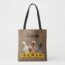 Chicken Tote Your Name Silkies Sunflowers Burlap