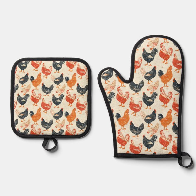 Chicken Vintage Pattern Oven Mitt & Pot Holder Set (Front)