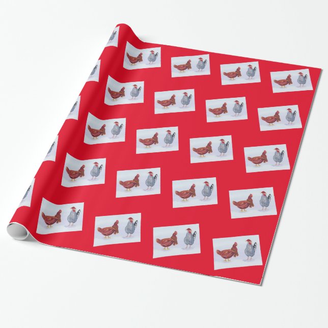 chicken wearing scarf and christmas hat seasonal wrapping paper (Unrolled)