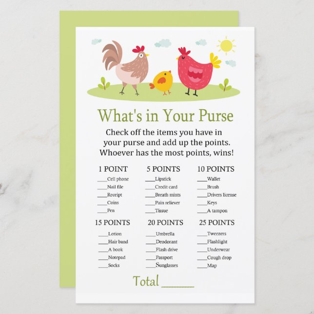 Chicken What's in your purse game baby shower (Front/Back)