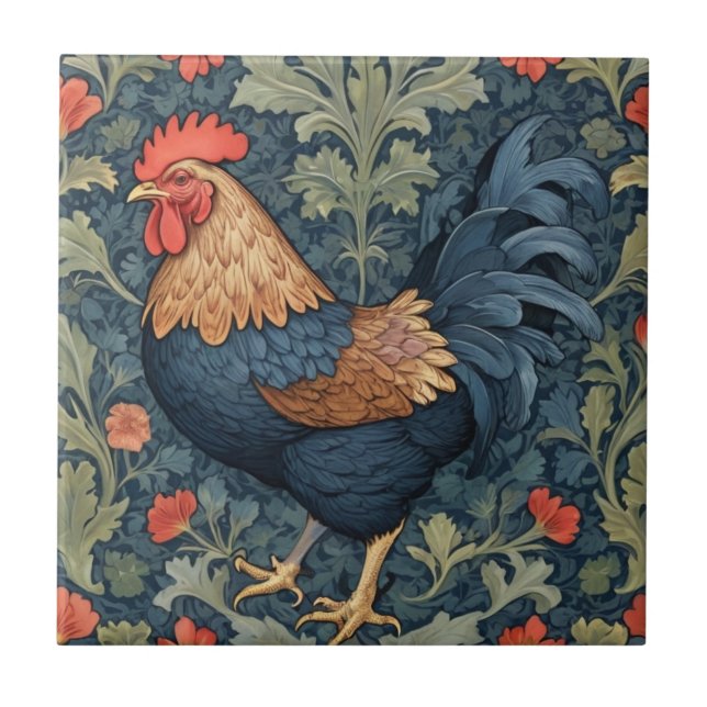 Chicken William Morris style Left facing Rooster Ceramic Tile (Front)