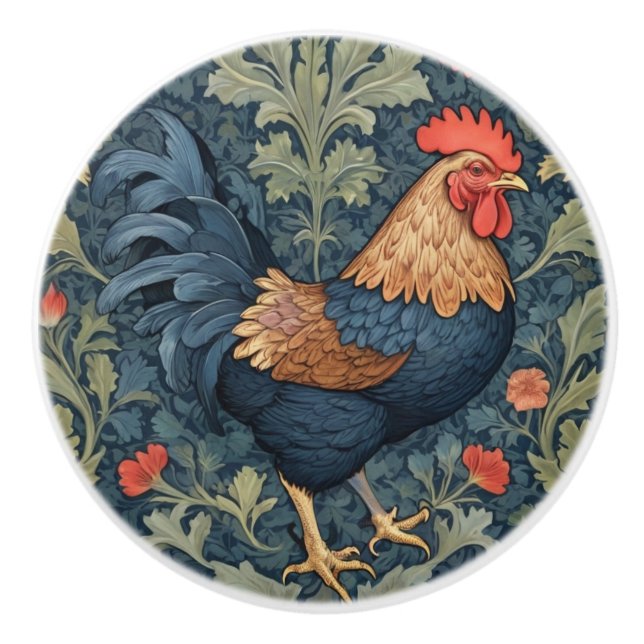 Chicken William Morris style Right facing Rooster Ceramic Knob (Front)