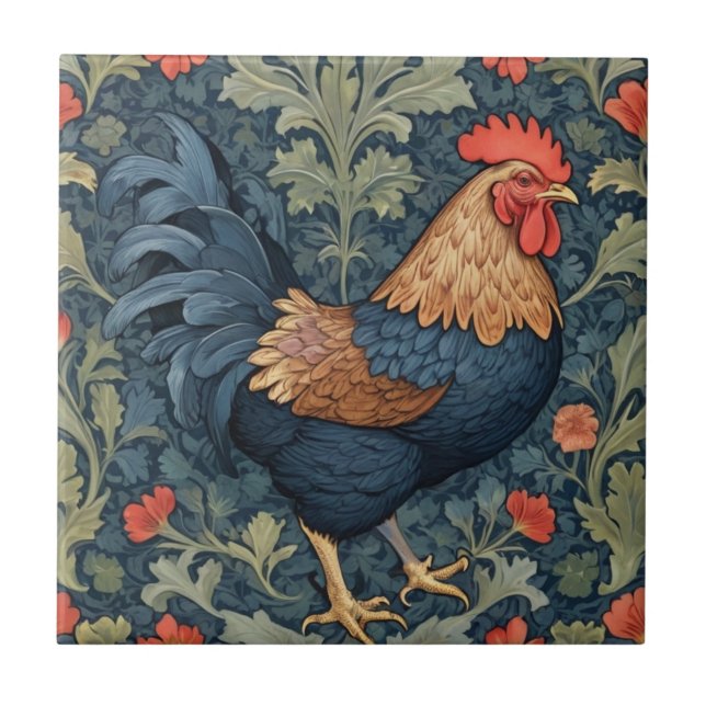 Chicken William Morris style Right facing Rooster Ceramic Tile (Front)